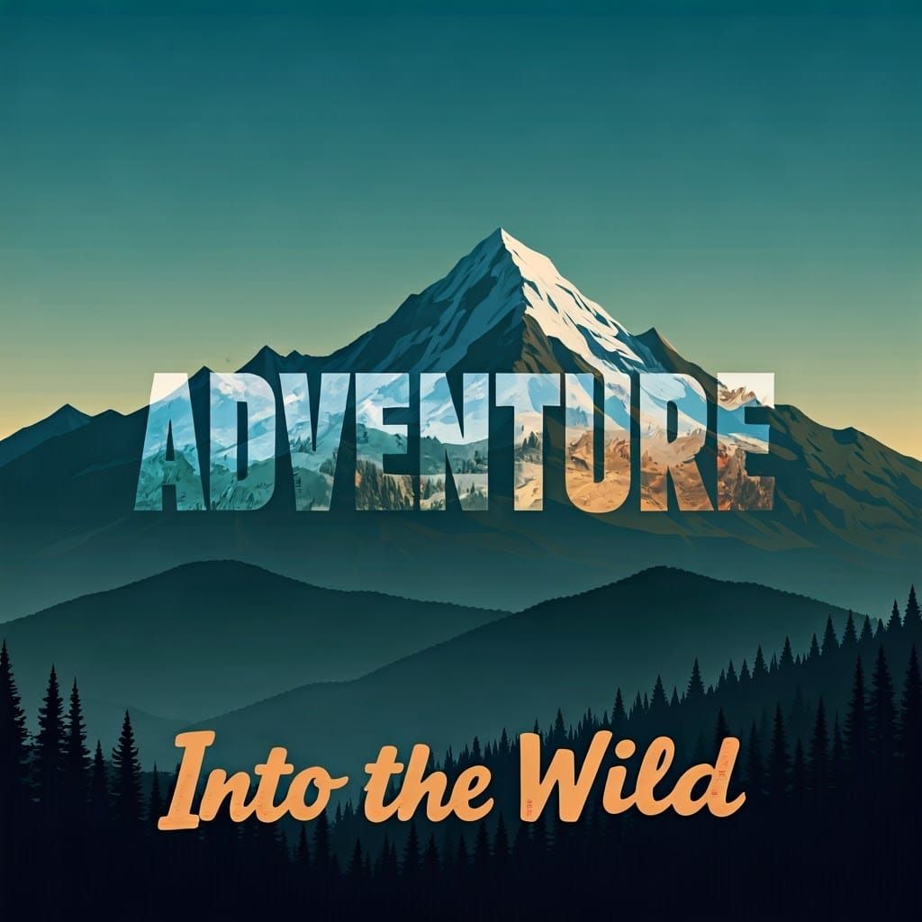 Stylized Adventure Graphic with Mountain Landscapes