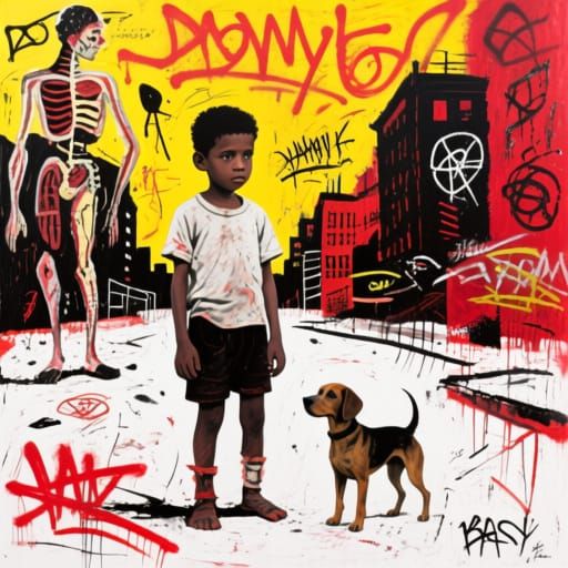 Boy and Dog in Urban Landscape as Neo-Expressionist Art