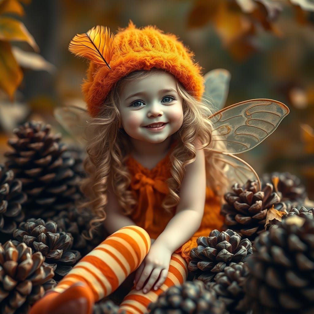 Whimsical Fairy Girl in Pine Cones, Vibrant Orange Hat, and...