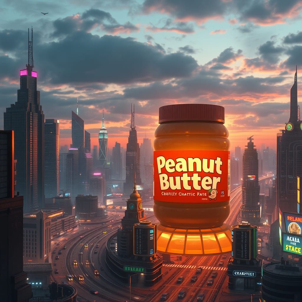 Cyberpunk Cityscape with Glowing Peanut Butter Jar