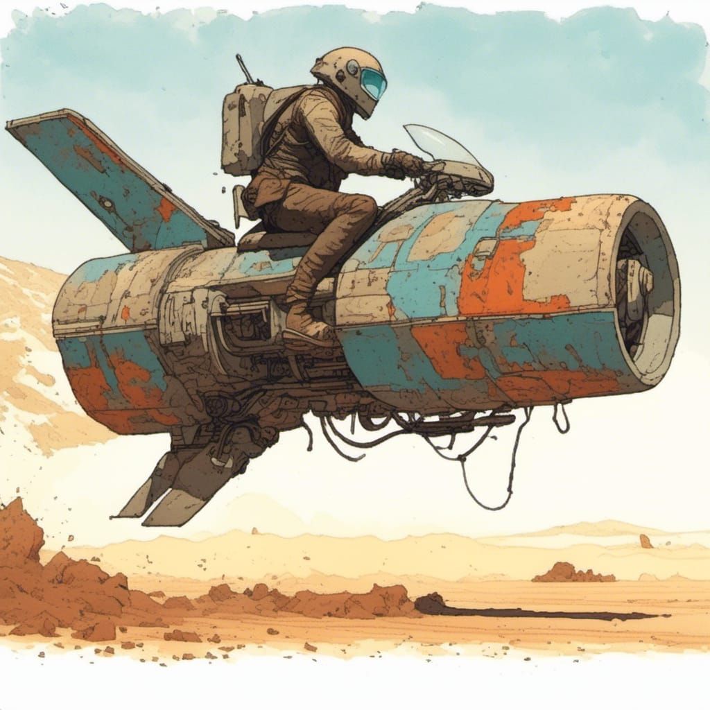 Futuristic Hoverbike in Desert, Moebius Style