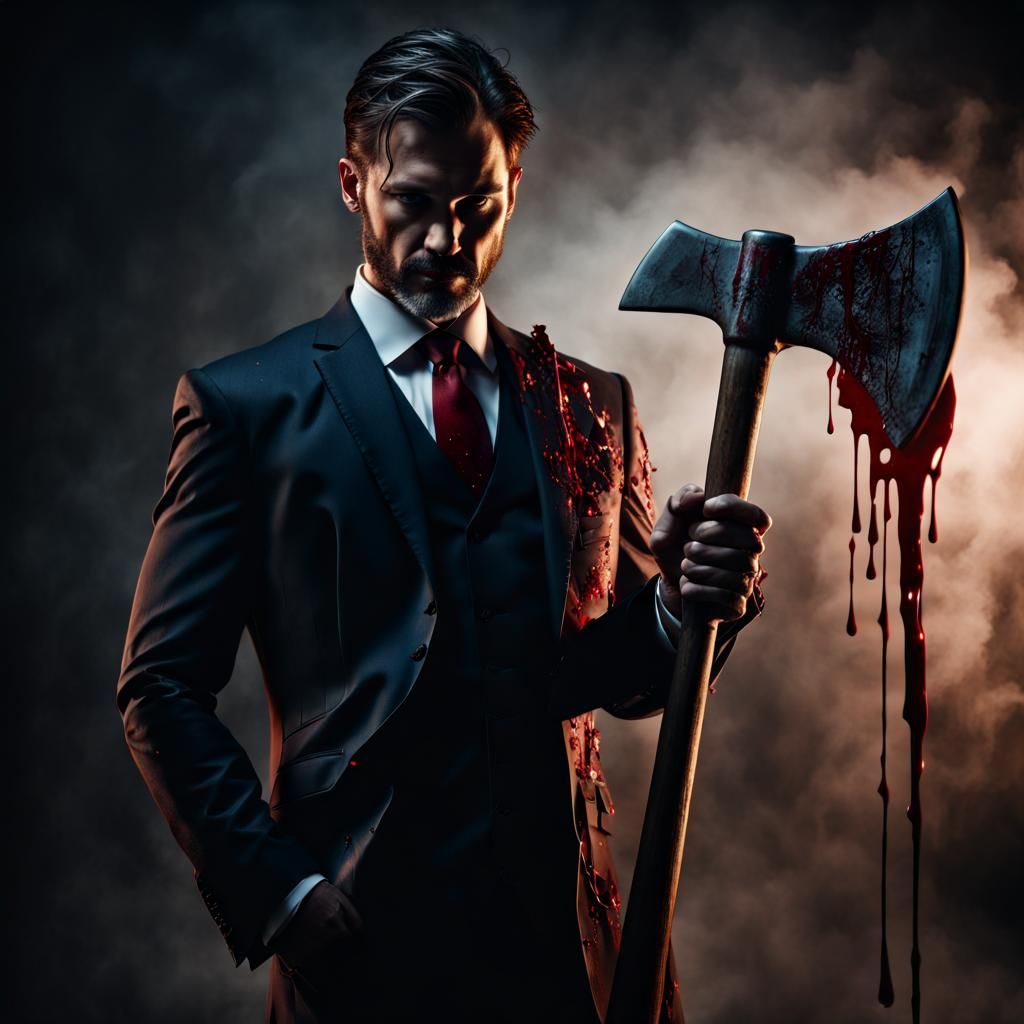 Man in Suit Holds Bloody Axe