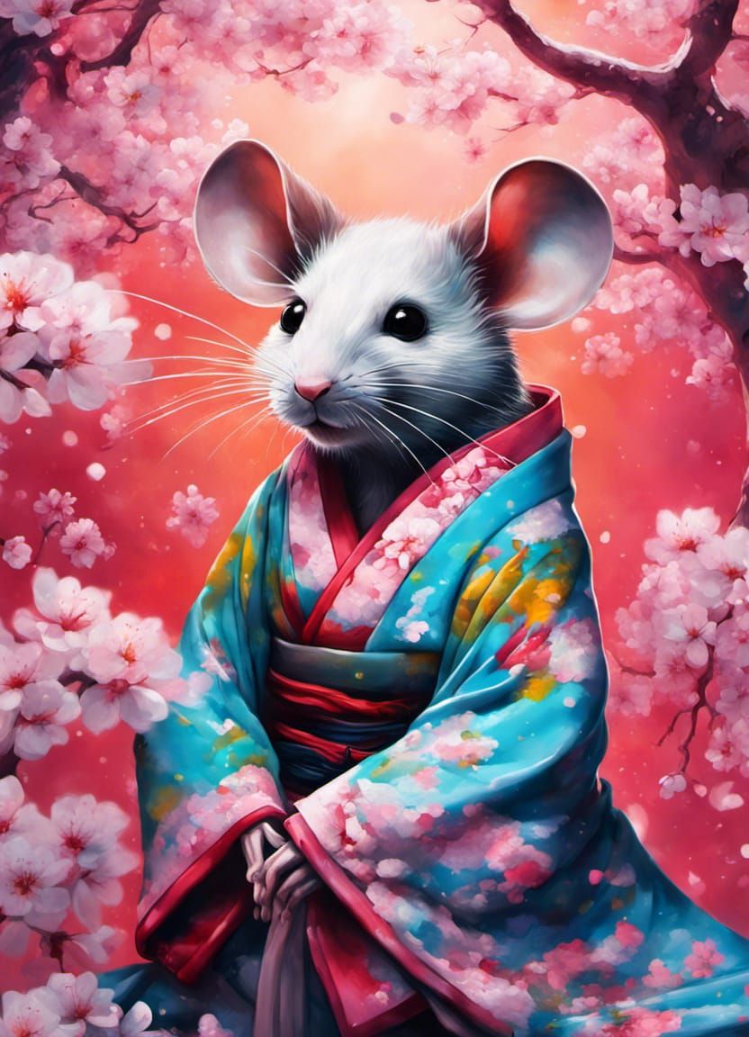 Mouse in Kimono with Cherry Blossoms, Splash Art