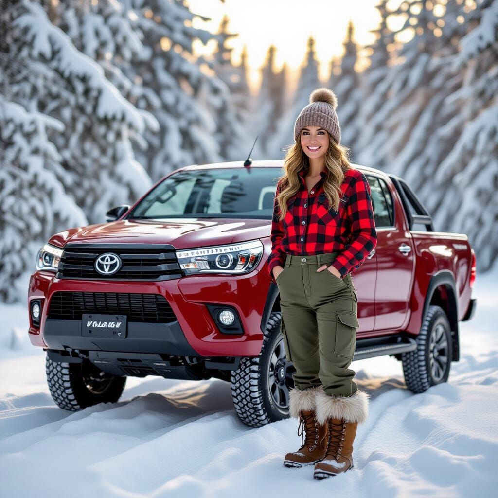Winter Woods Scene with Red Toyota Hilux