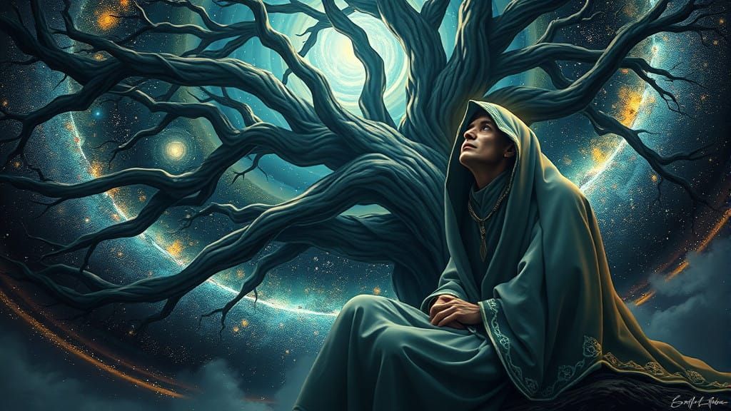 Enigmatic Figure Contemplates the Cosmos Under the Tree of L...