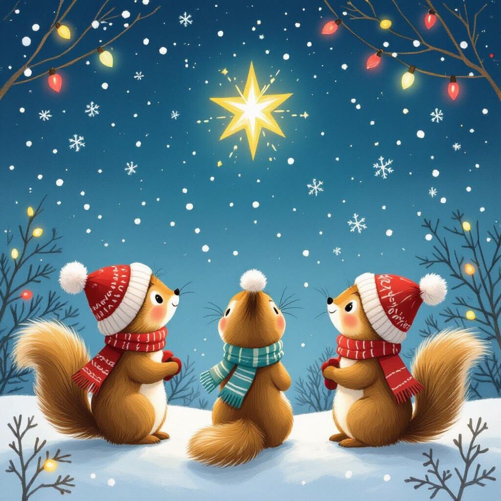 Squirrels Watch Christmas Star in Beatrix Potter Style