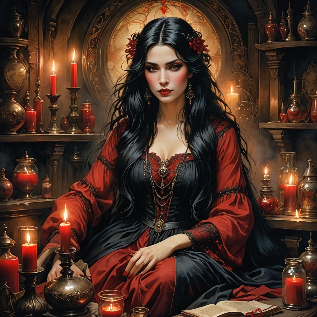 Witch Portrait with Dark Eyes in Art Nouveau Style