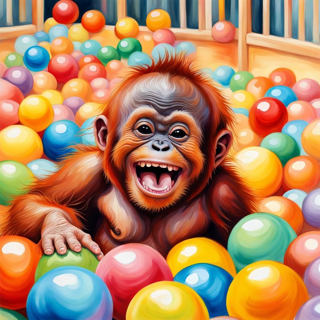Chibi Orangutan's Joyful Ball Pit Adventure: Watercolor Pain...