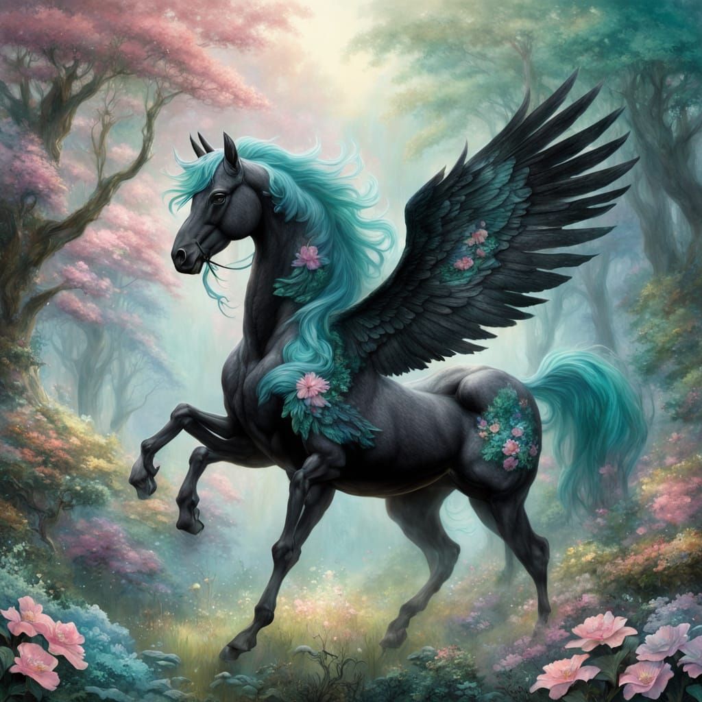 Black Pegasus with Floral Growth in Ethereal Forest