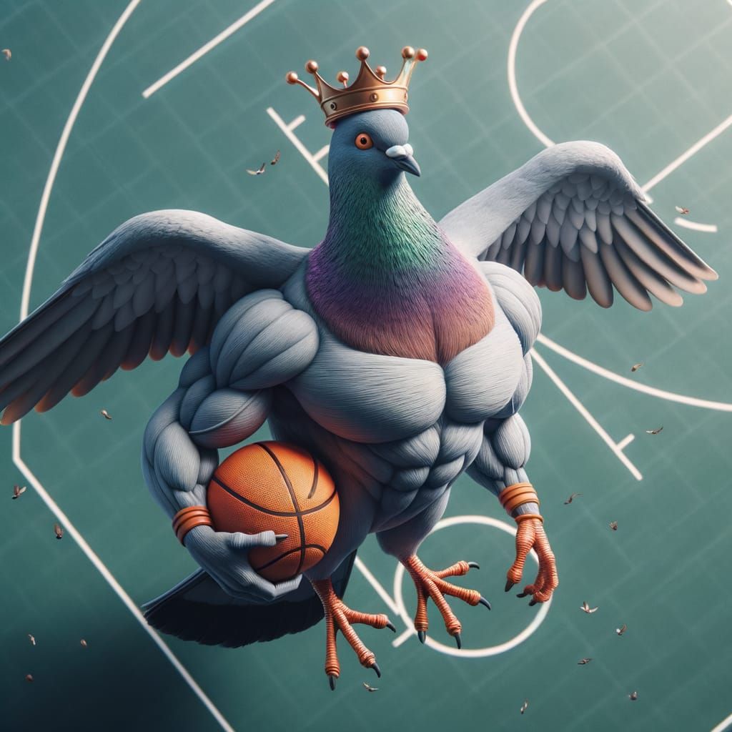 A Regal Pigeon Dominates the Basketball Court in Mid-Air