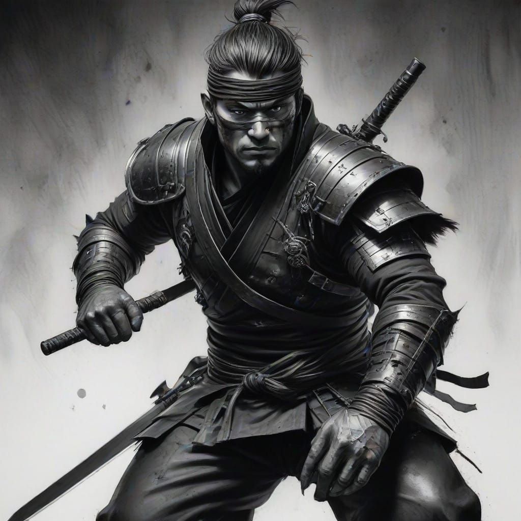 Stealthy Ninja Figure in Charcoal Drawing Style