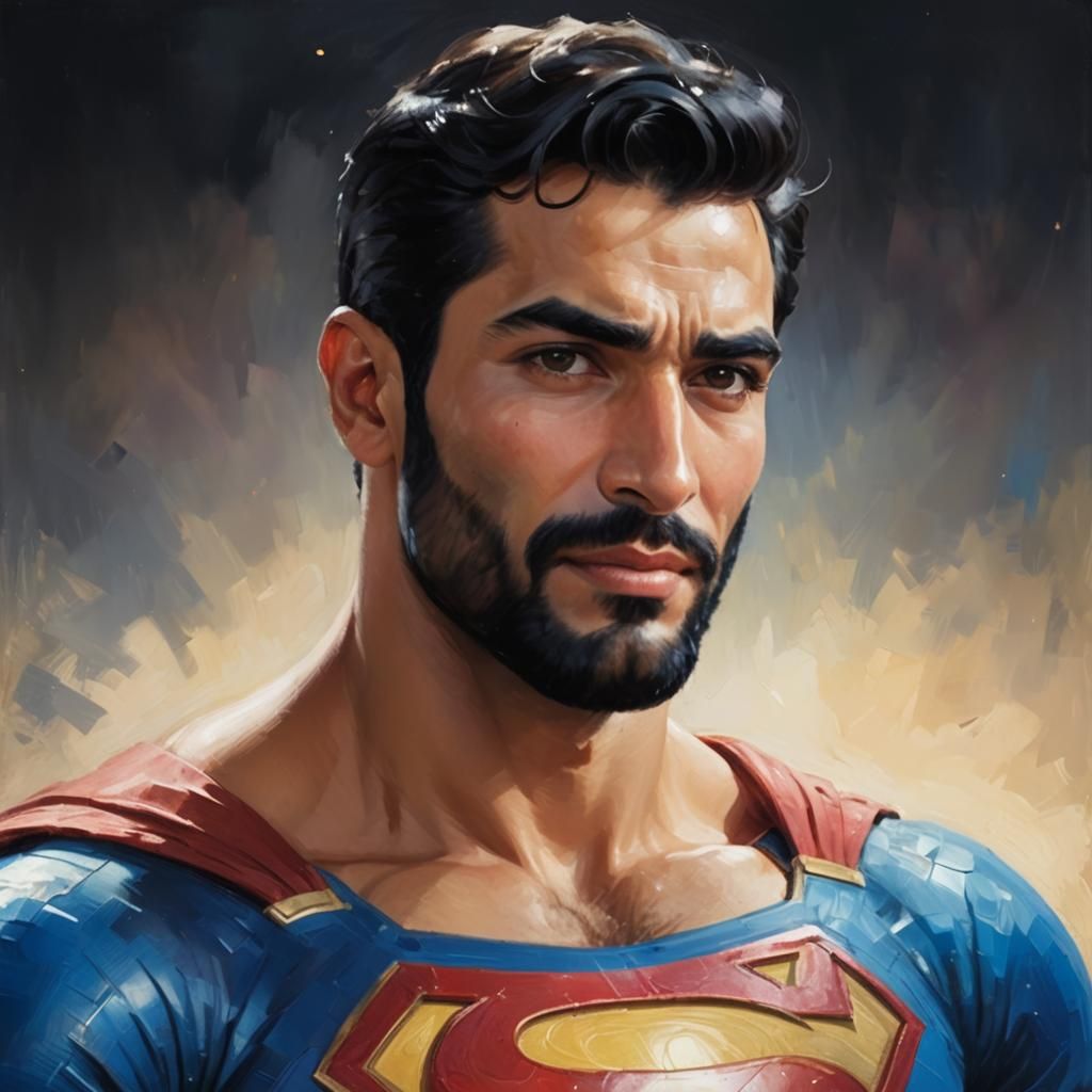 Arab Superman in Space: Impressionist Gouache Portrait