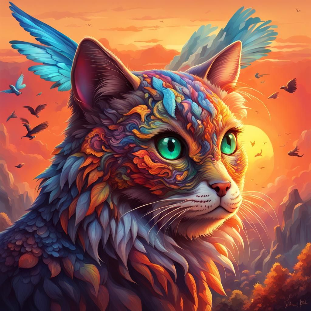 Mythical Hybrid Creature with Sunset Wings