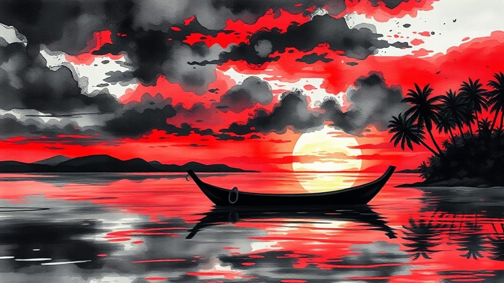 Boat on Water in Alcohol Ink Style