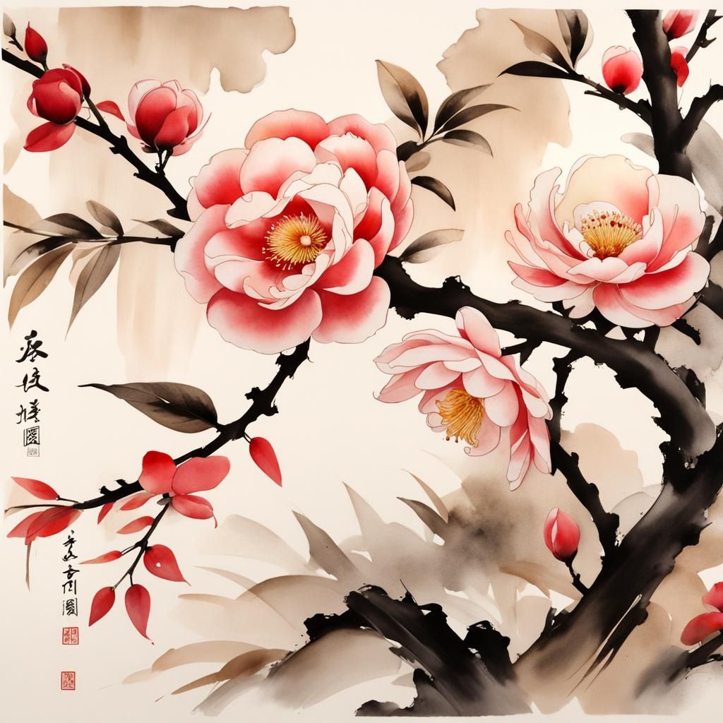 Camellia in Muted Chinese Ink Painting Style