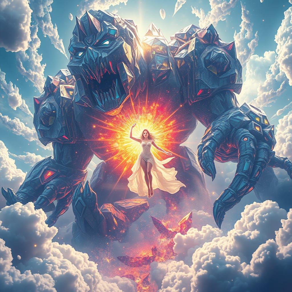 Crystal Titan Engages Cosmic Goddess in Epic Fantasy Battle