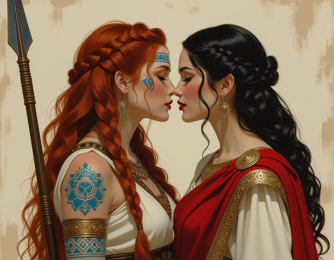 Pictish Woman and Roman Noblewoman Share a Kiss