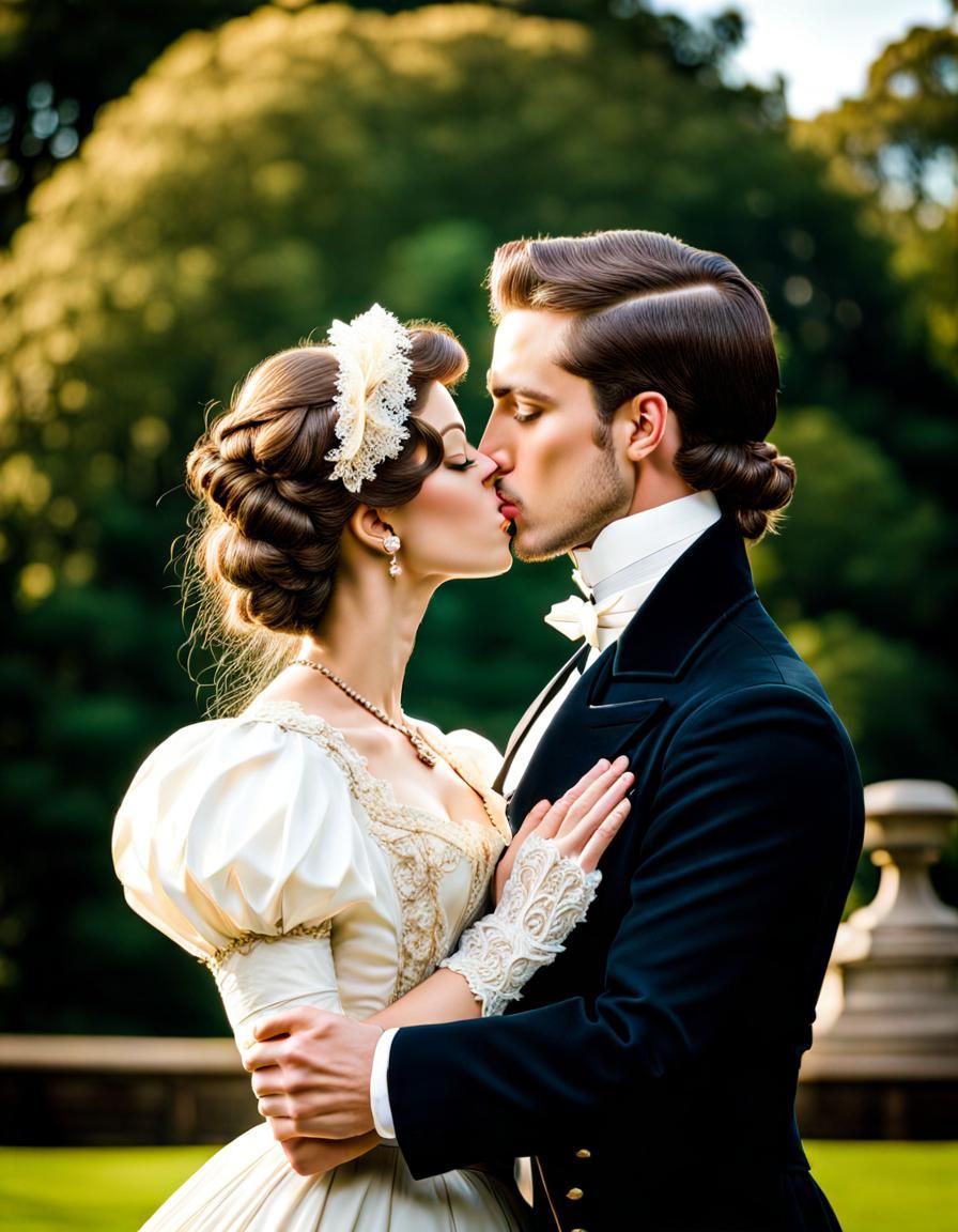 Victorian Couple Kissing in Park Portrait