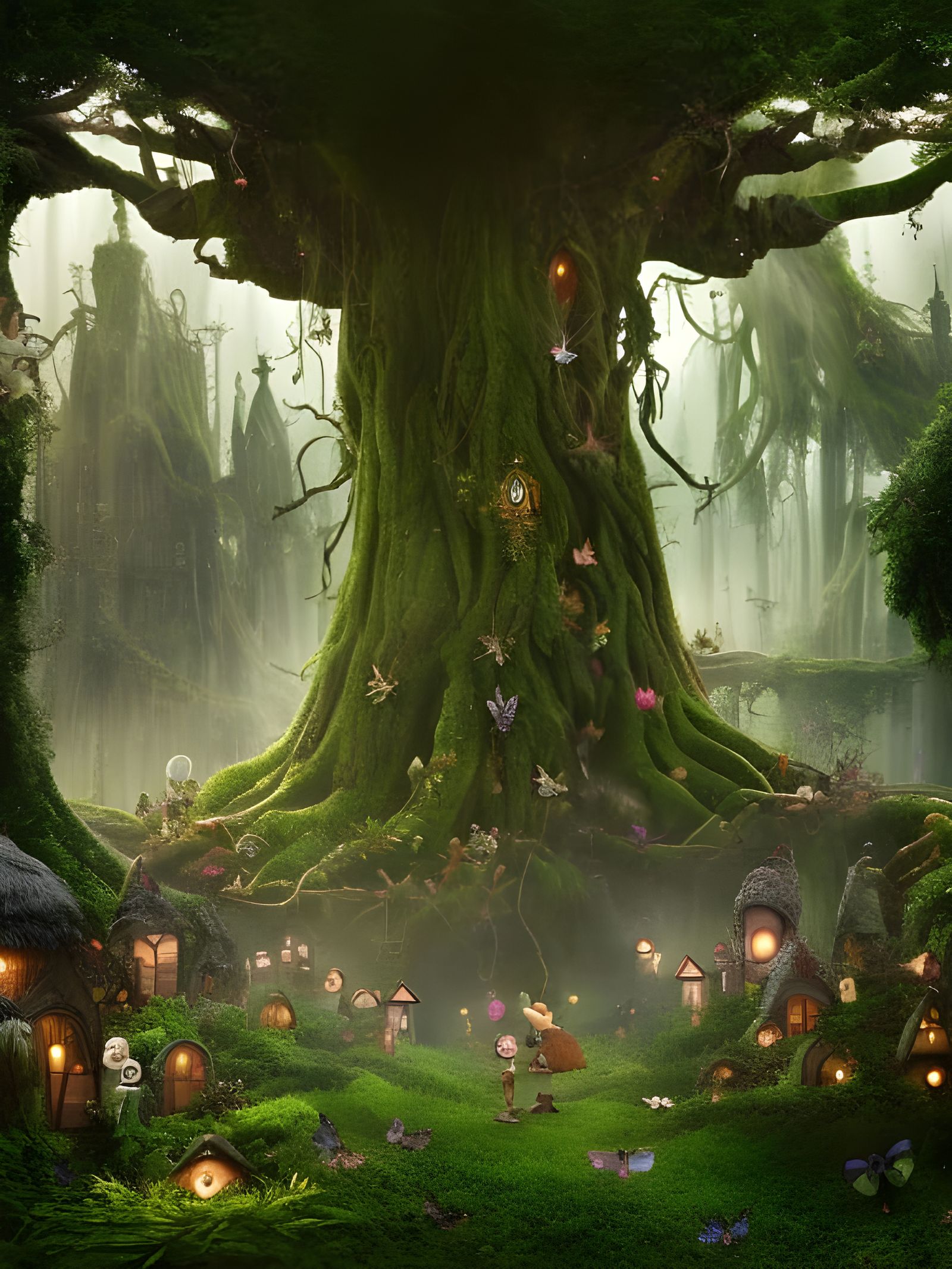 Enchanted Forest Scene with Fairies and Gnomes