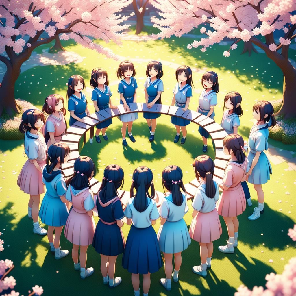 Anime Girls in Cherry Blossom Garden, 3D Rendered