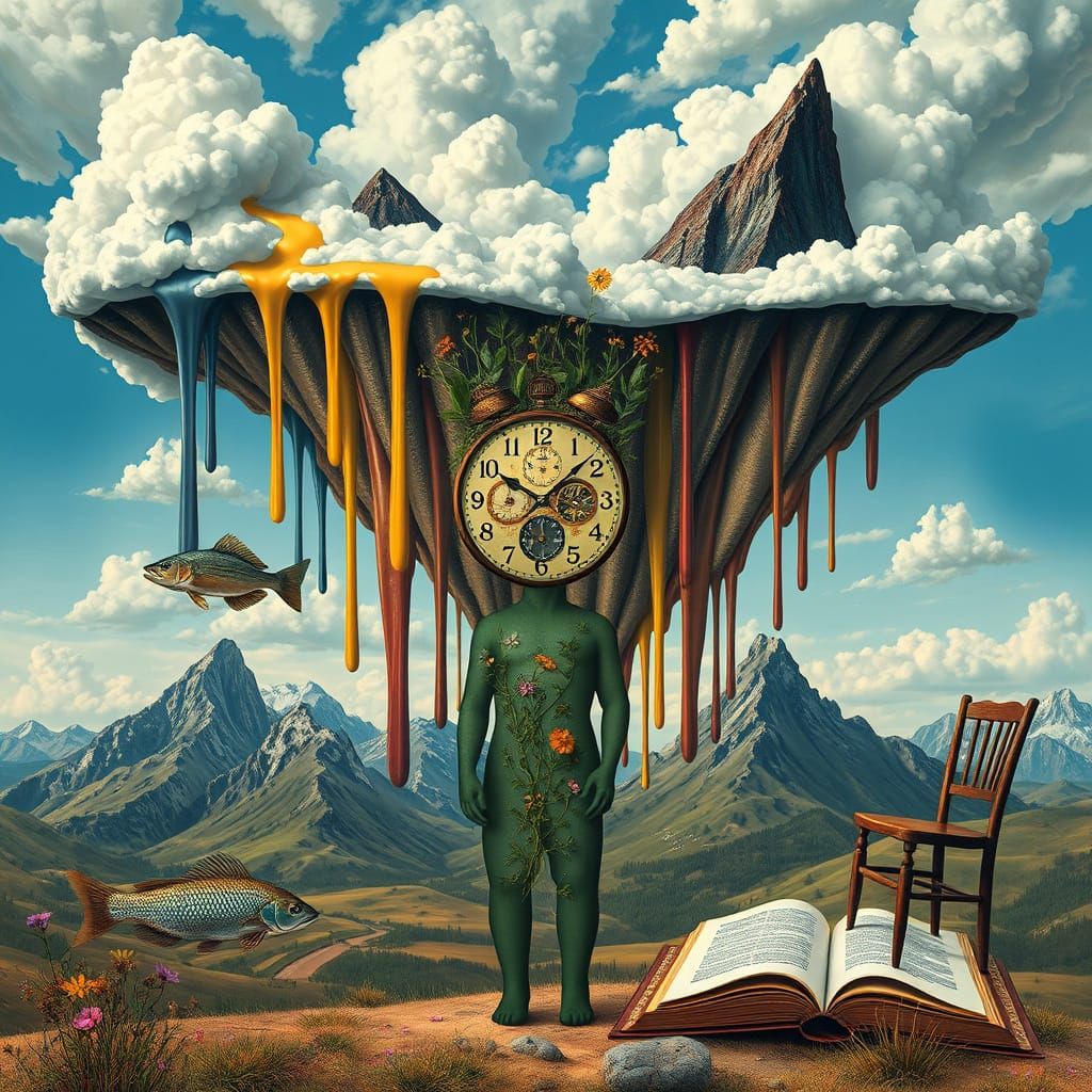 Dreamlike Landscape with Dripping Paint and Floating Mountai...