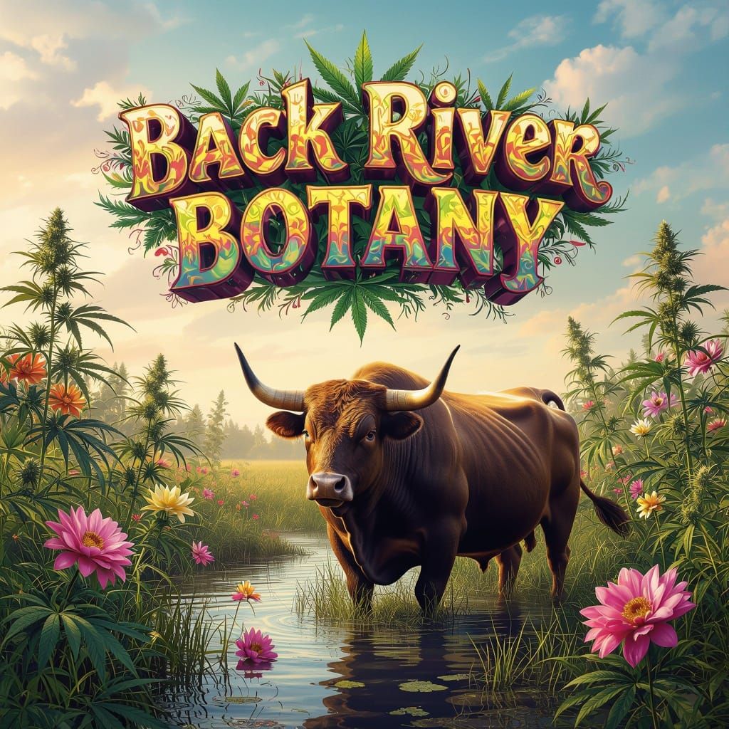 Psychedelic Digital Logo with Bull and Cannabis Blooms
