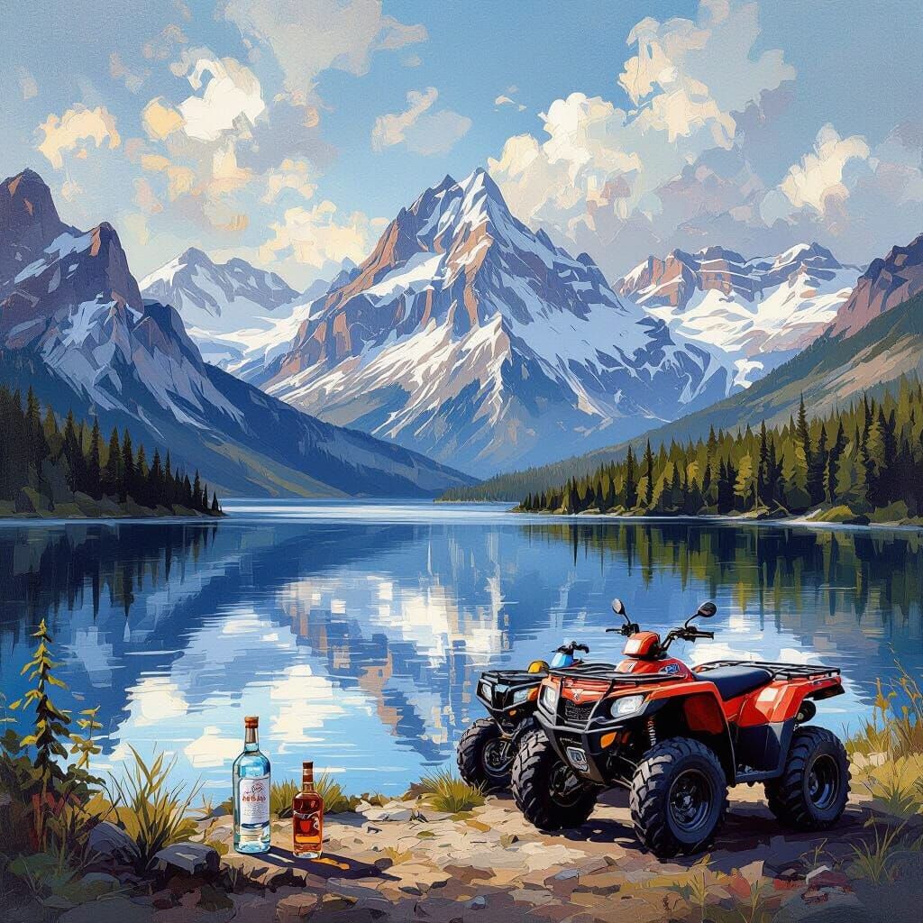 Impressionist Mountain Landscape with Lake and ATVs