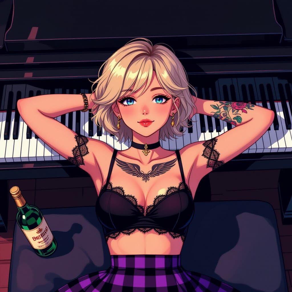 Manga-Style Woman with Wings on Piano in Cel-Shaded Tones