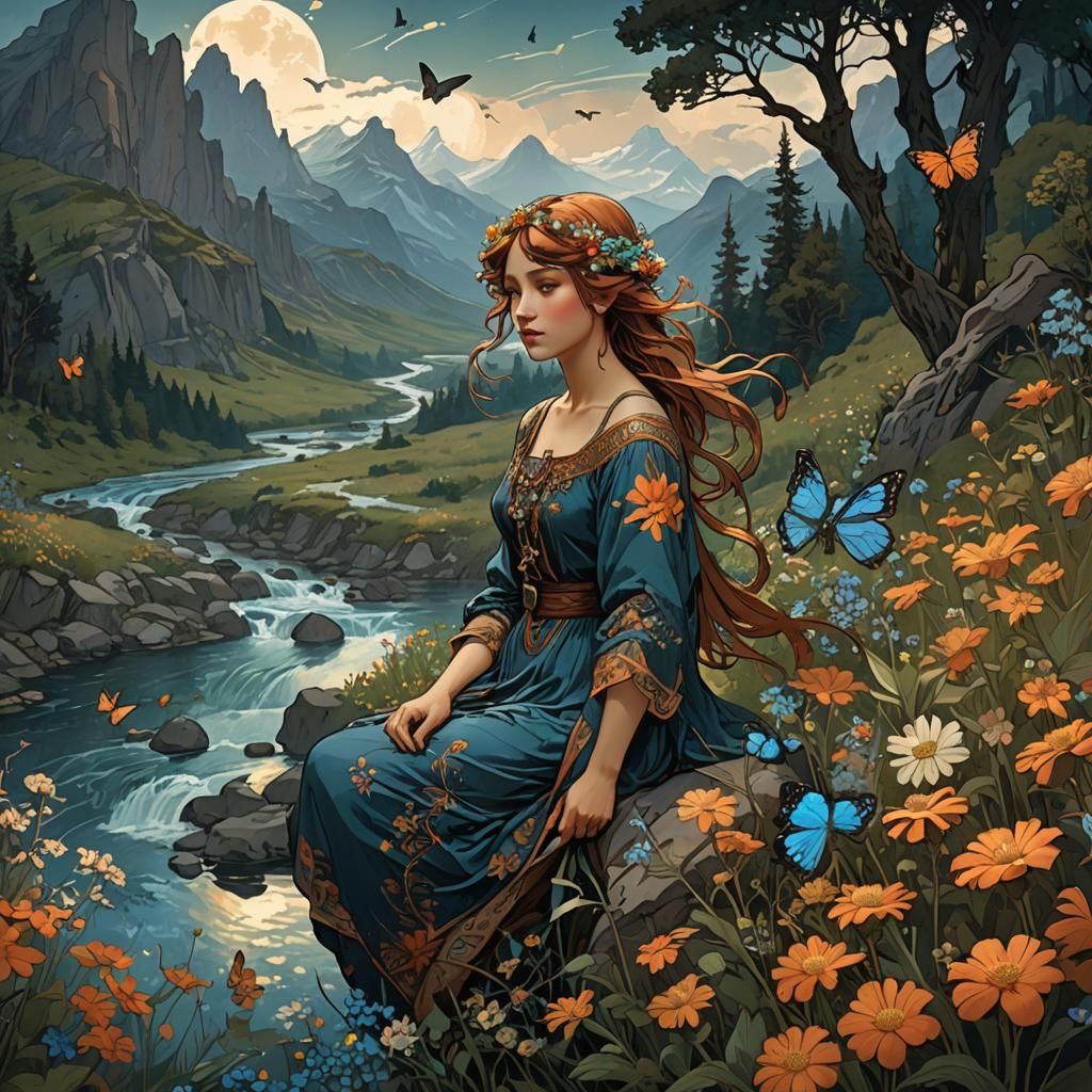 Lush Mountain Riverbank Landscape in Art Nouveau Style
