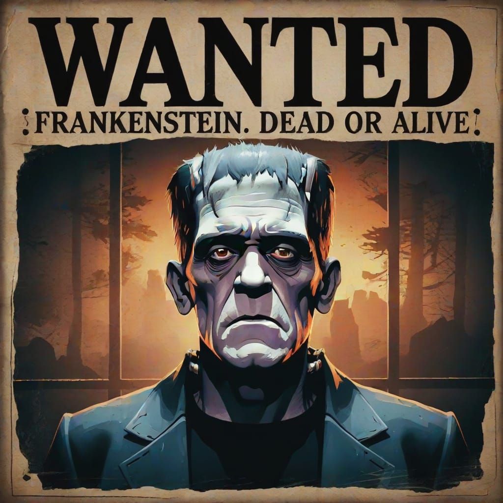Frankenstein Wanted Poster in Grunge Illustration Style