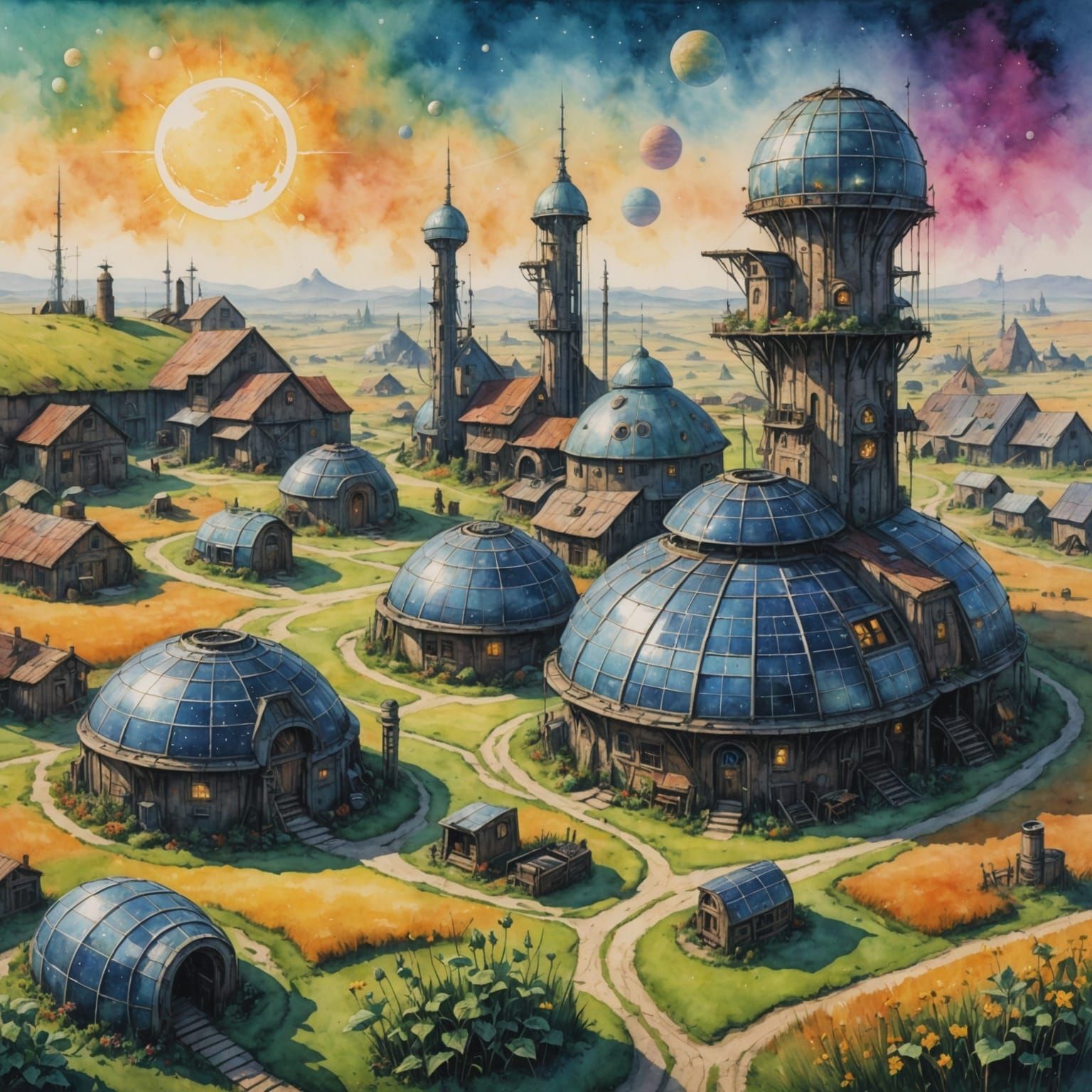 Solarpunk Haven in Vibrant Watercolor Chalk Style