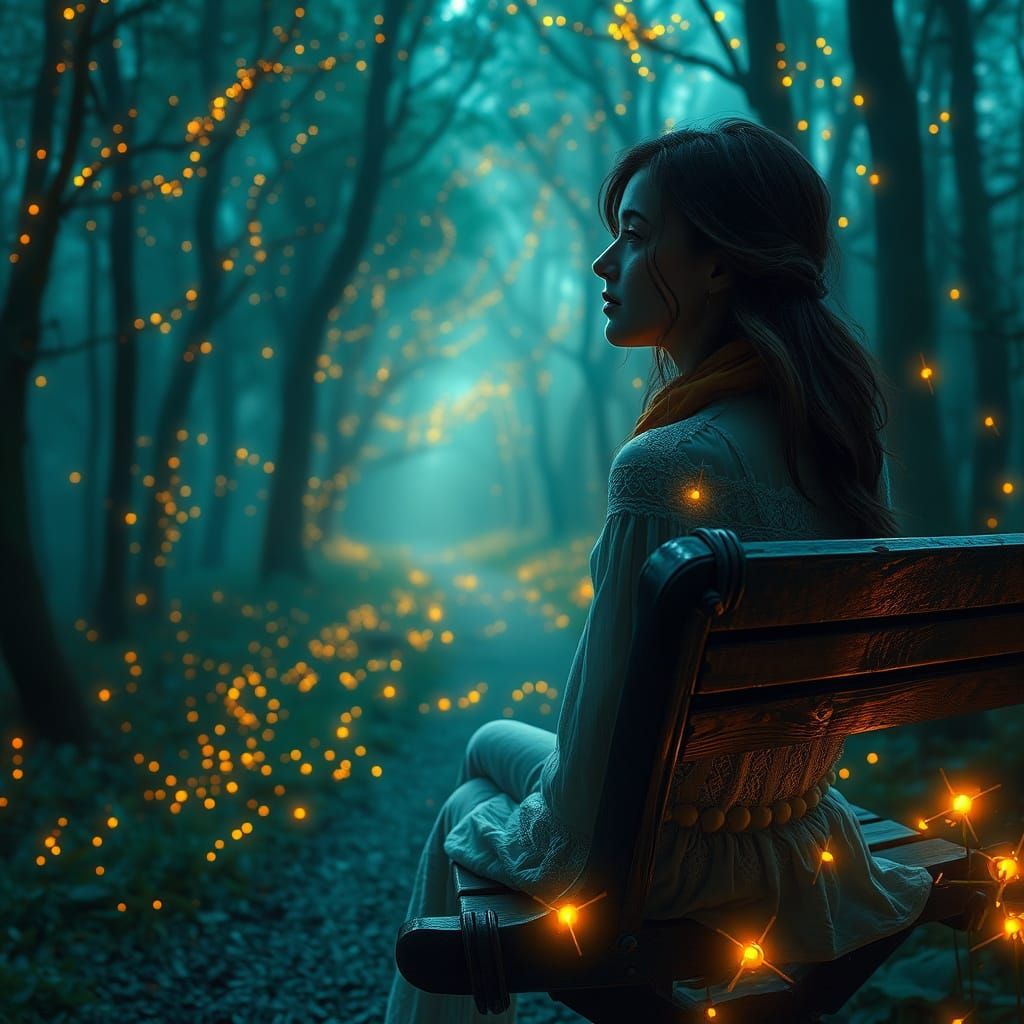 Mysterious Forest Path Illuminated by Fireflies
