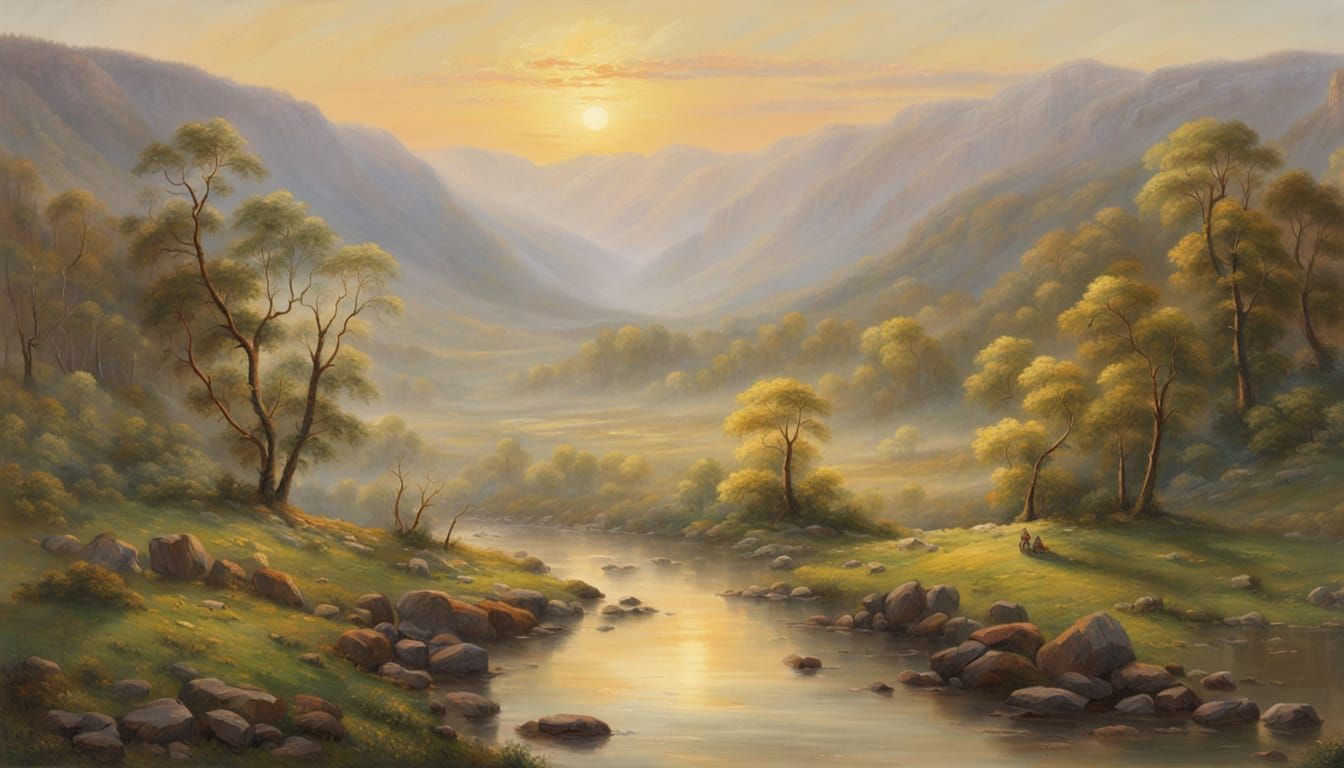 Daybreak in Valley: Traditional Oil Painting