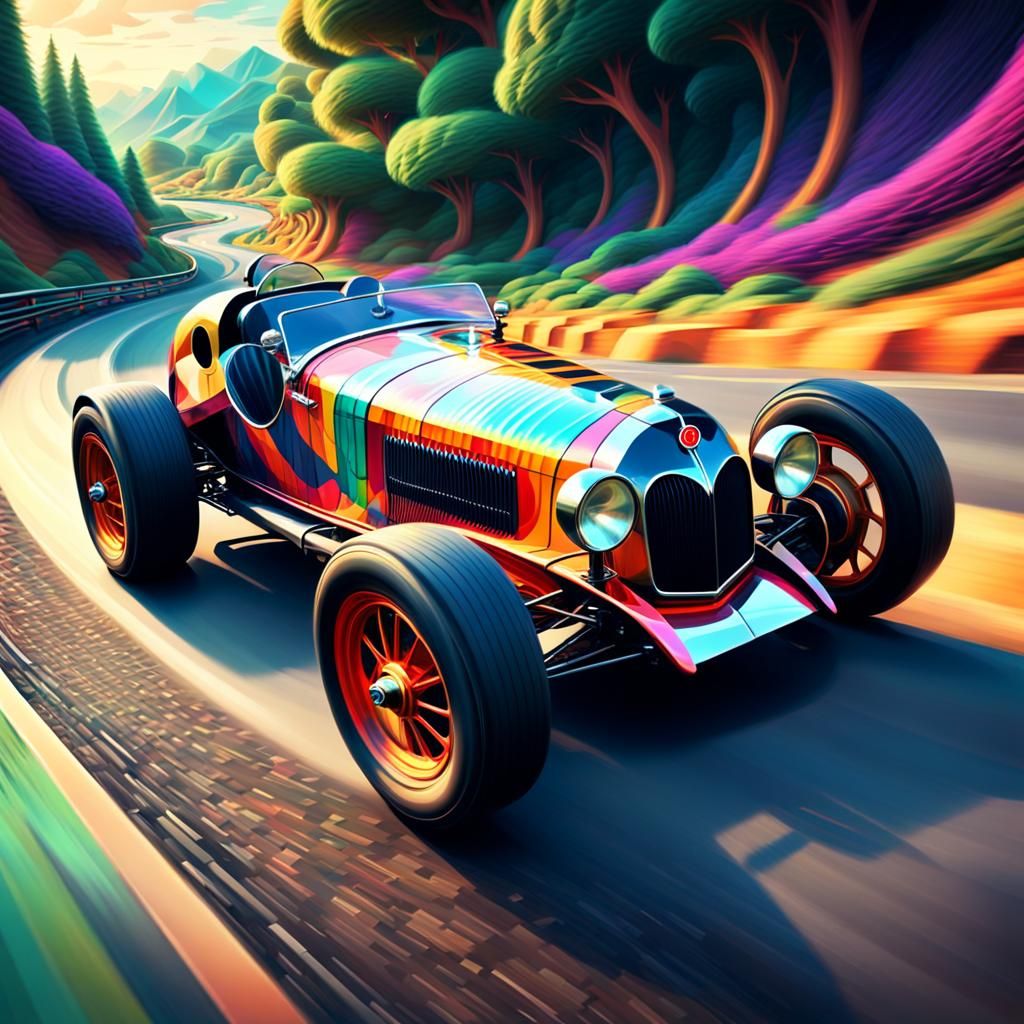 1920s Race Car on Winding Road in Geometric Art