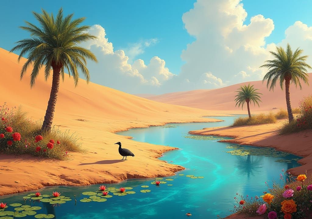 Desert Oasis with Hoopoe in Spring Morning Light