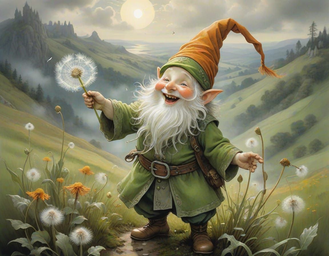 Whimsical Gnome in Iridescent Dandelion Wonderland