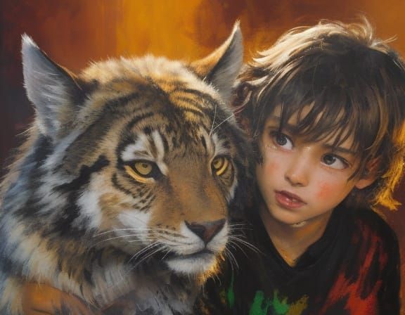 Joyful Boy Plays with Predator in Vibrant Oil Painting