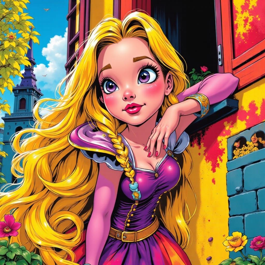 Rapunzel in Pop Art Comic Style with Bauhaus Patterns