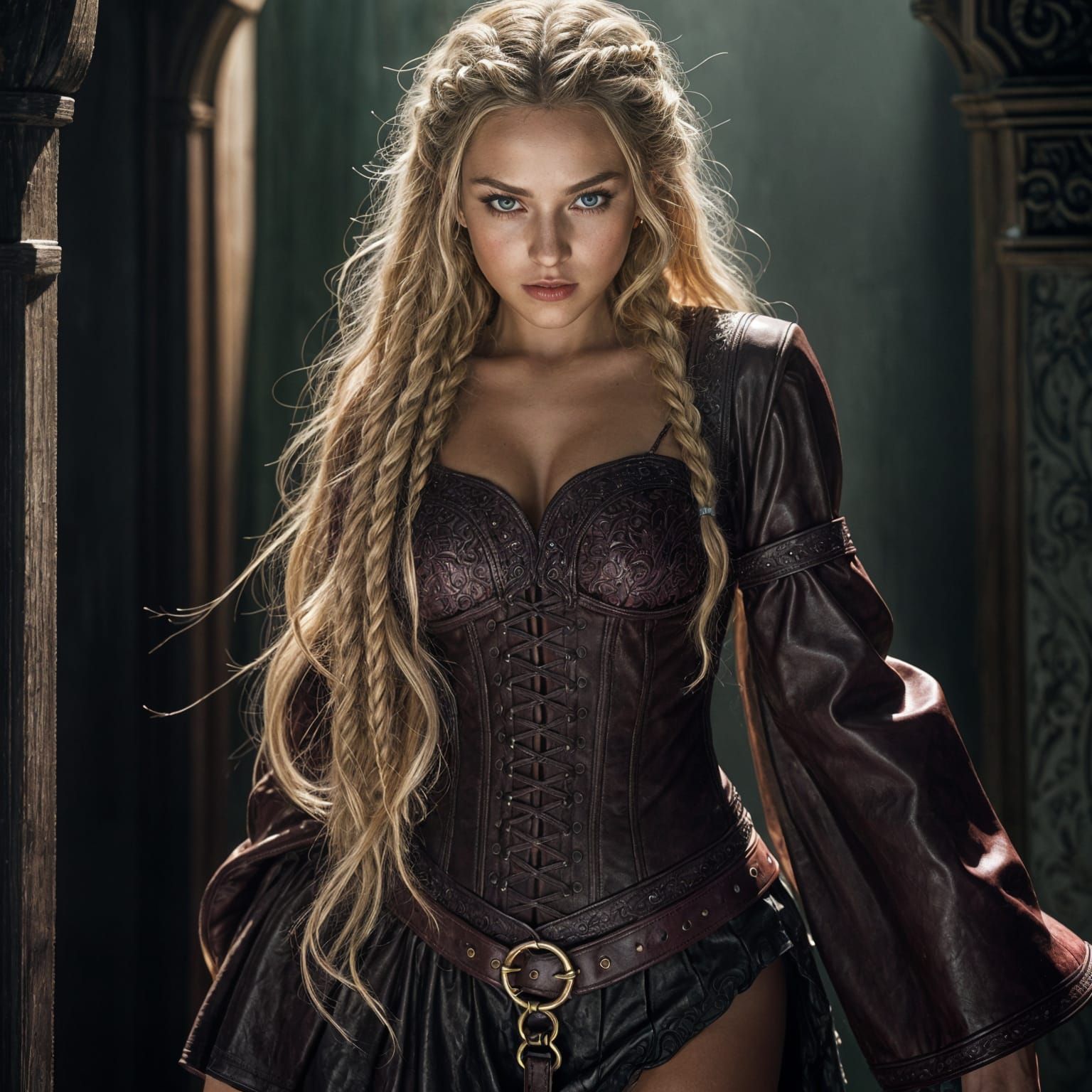 Elegant Woman in Leather Stepping from Shadows