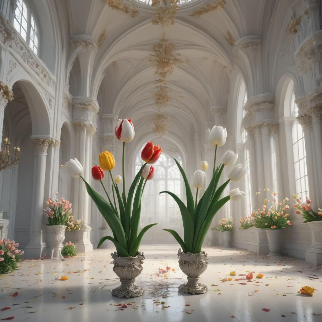 Tulip Flowers in Royal Hall: Detailed Matte Painting