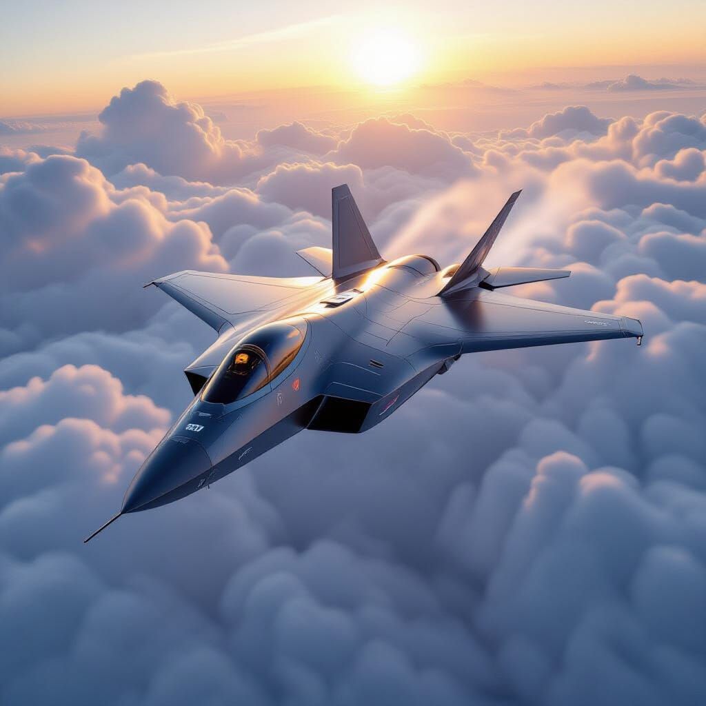 Futuristic Fighter Jet Soaring Through Clouds
