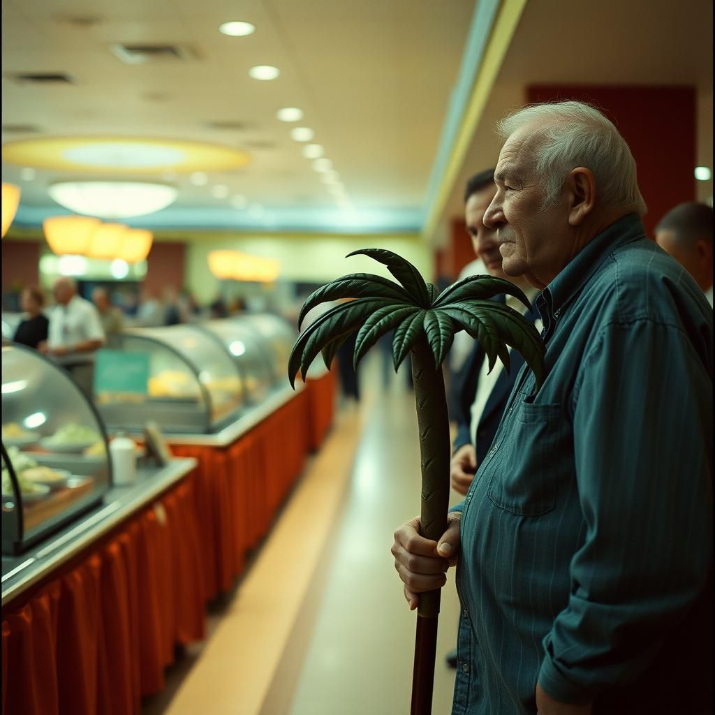 Humorous Old Man with Palm Tree Cane