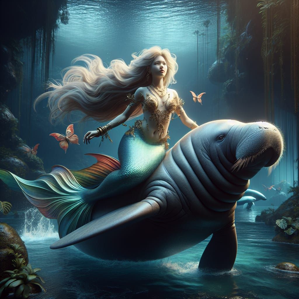 Mermaid Princess Rides a Manatee: Fantasy Concept Art