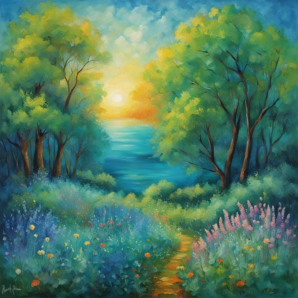 Surreal Landscape with Ancient Trees and Wildflowers in Irid...