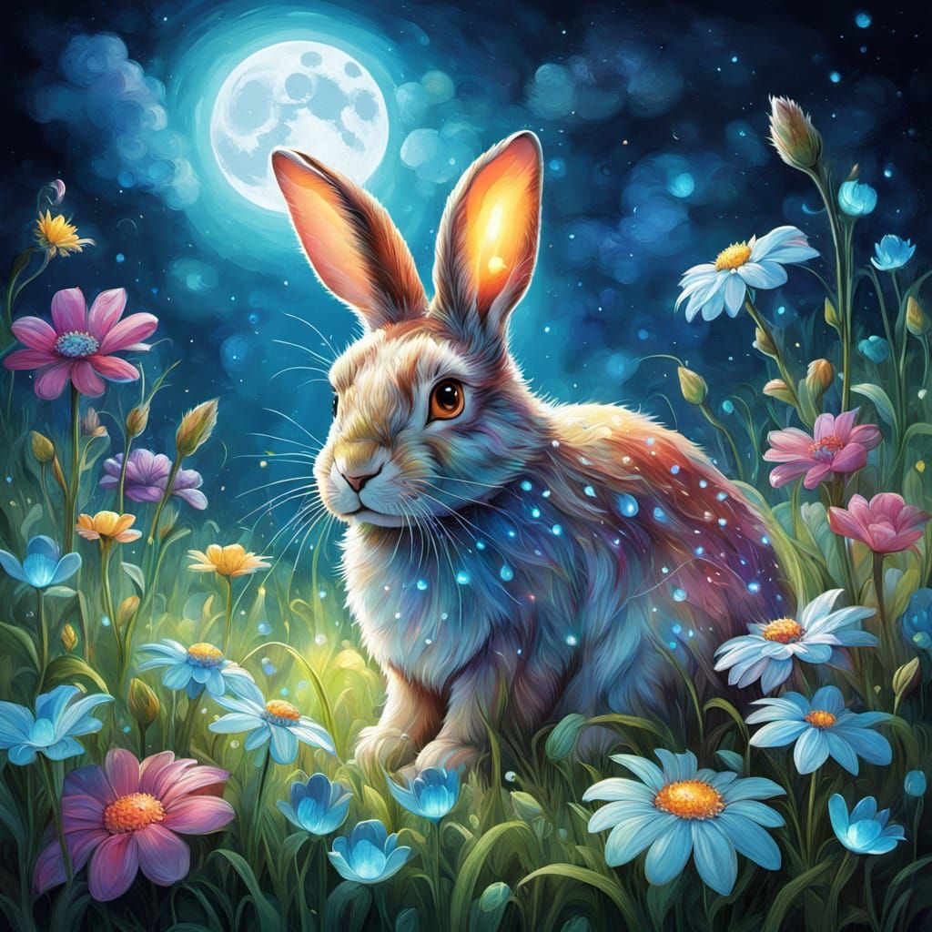 Luminous Rabbit in Moonlit Magical Meadow