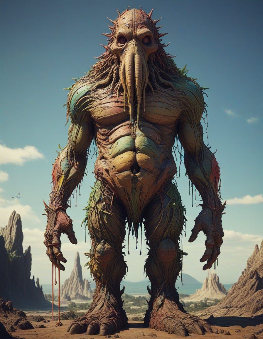 Rainbow Drip Mud Golem in Maximalist Style