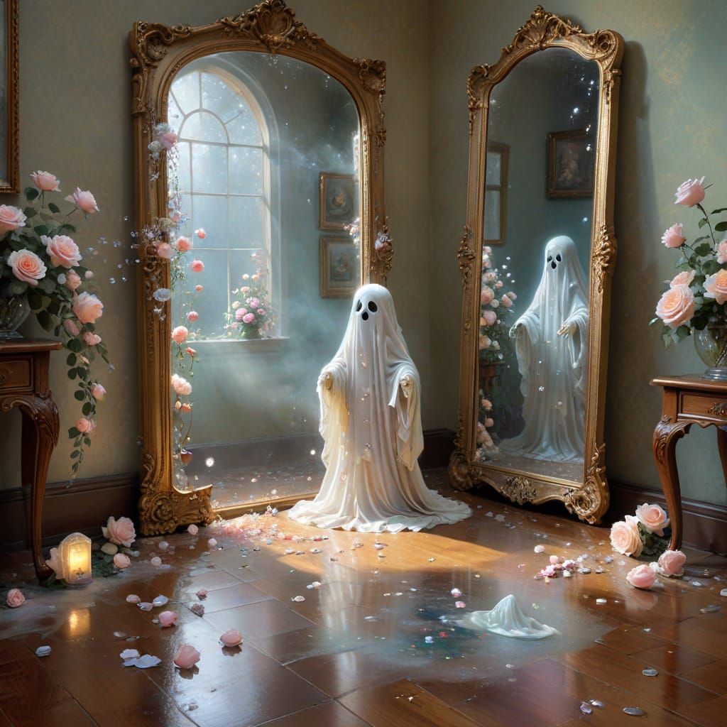 Ethereal Ghost and Roses in Dreamy Mist Painting