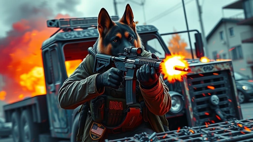 Cyberpunk Soldier German Shepherd in Tactical Gear Fires AR-...