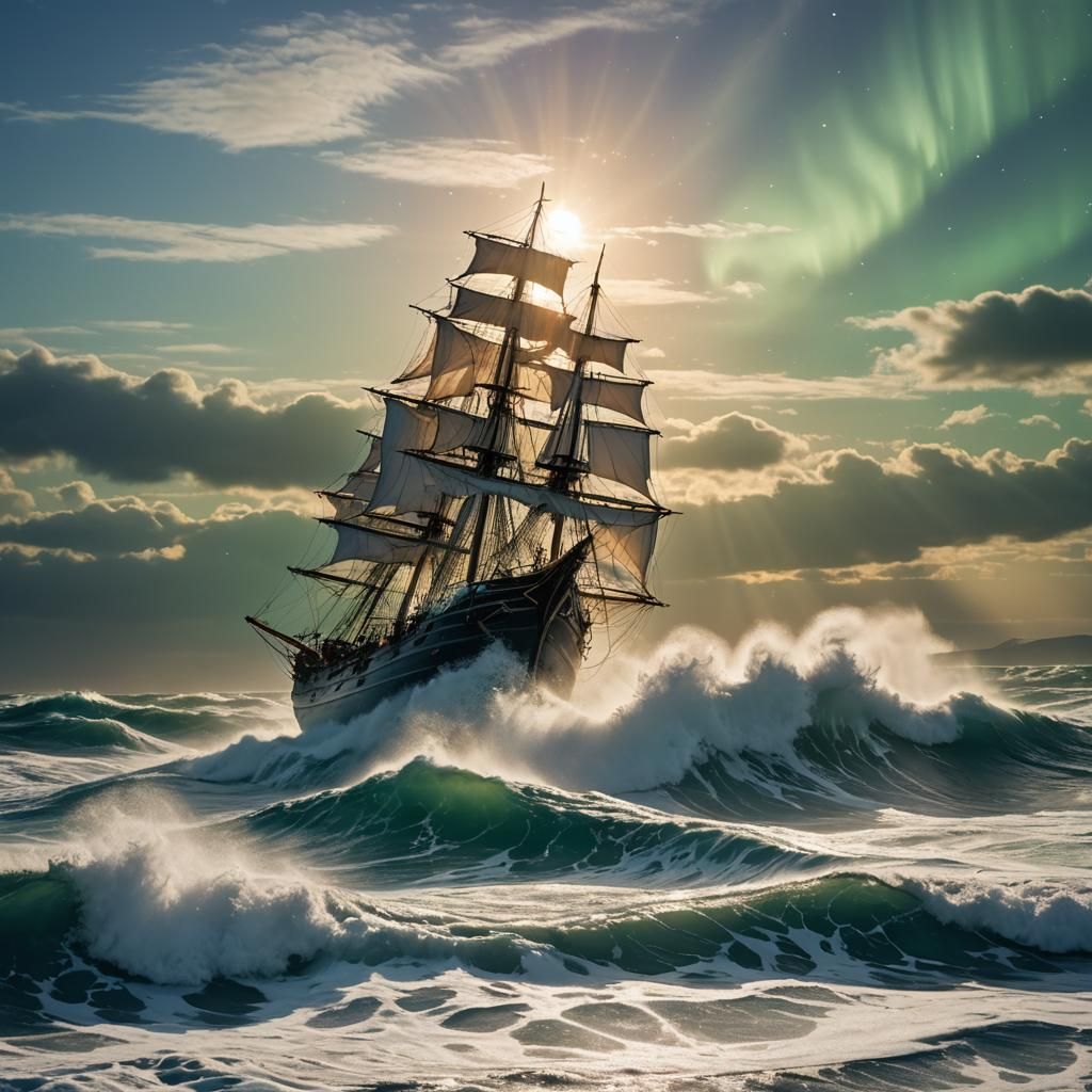 Sailing Ship Dancing on Gigantic Breaking Waves