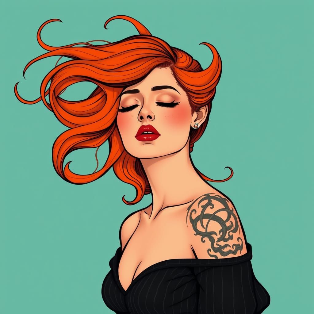 Art Nouveau Woman with Flowing Orange Hair